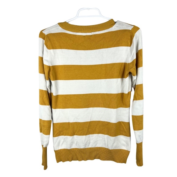 Mustard yellow and cream striped v neck sweater preppy academia collegiate med - Picture 2 of 6